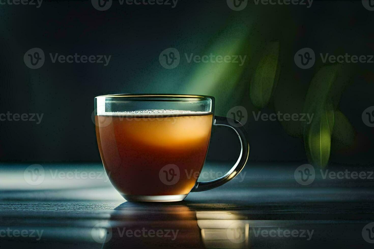 a glass cup of tea on a table. AI-Generated photo