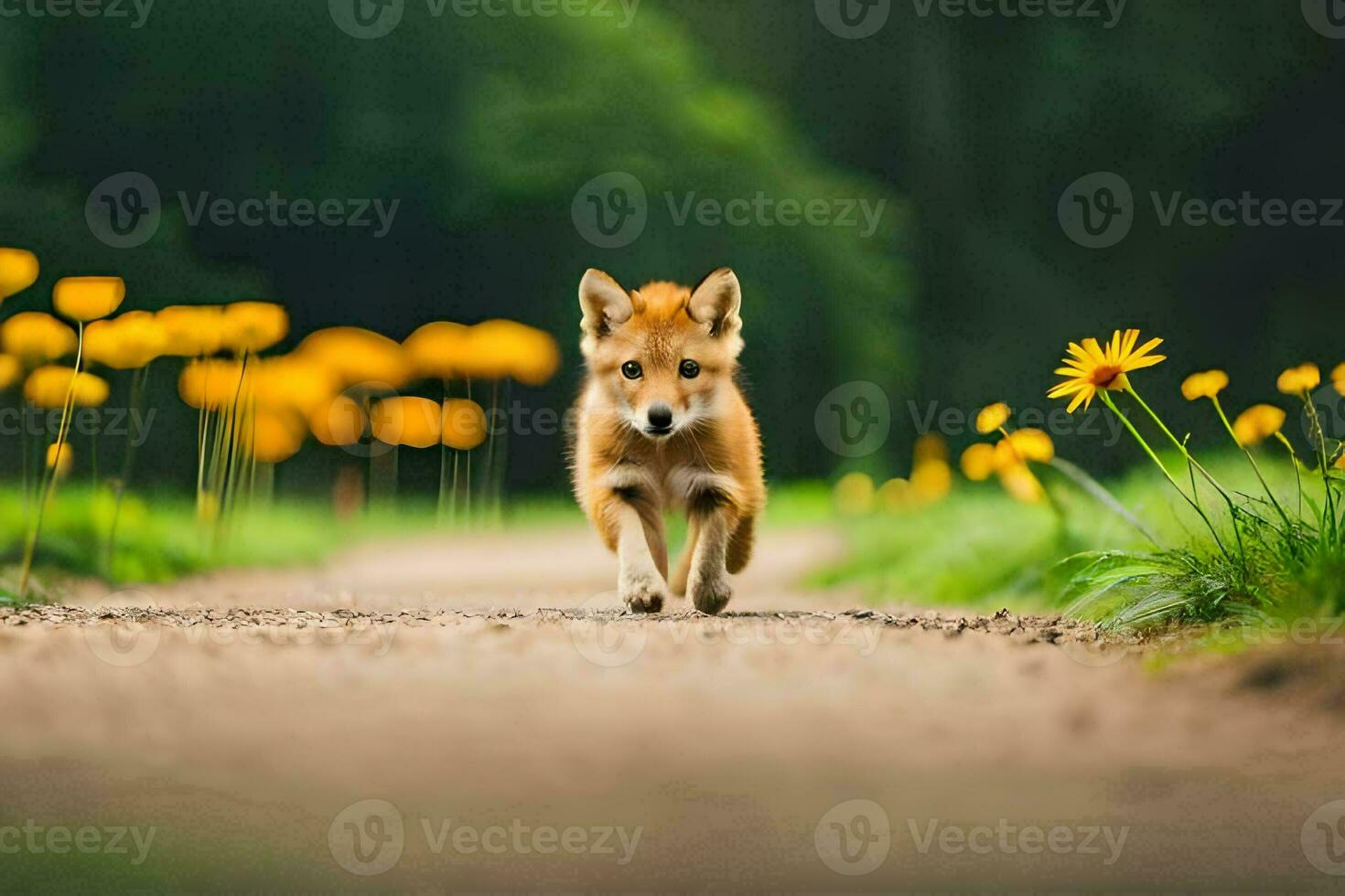a fox running along a dirt road with yellow flowers. AI-Generated photo
