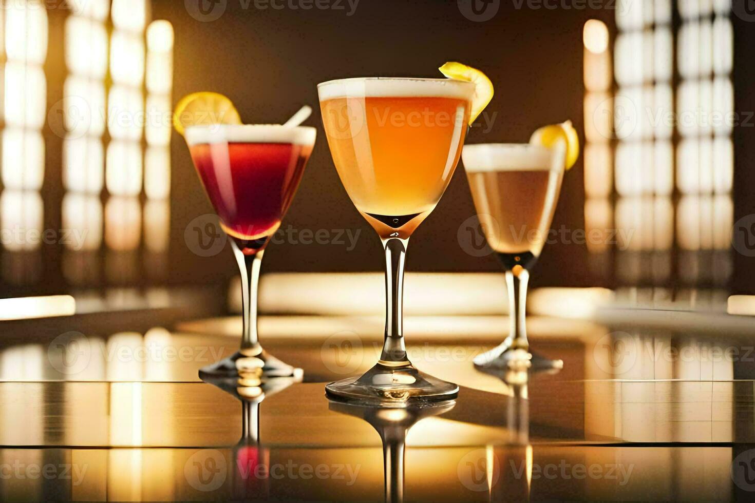 three different types of drinks are lined up on a table. AI-Generated photo