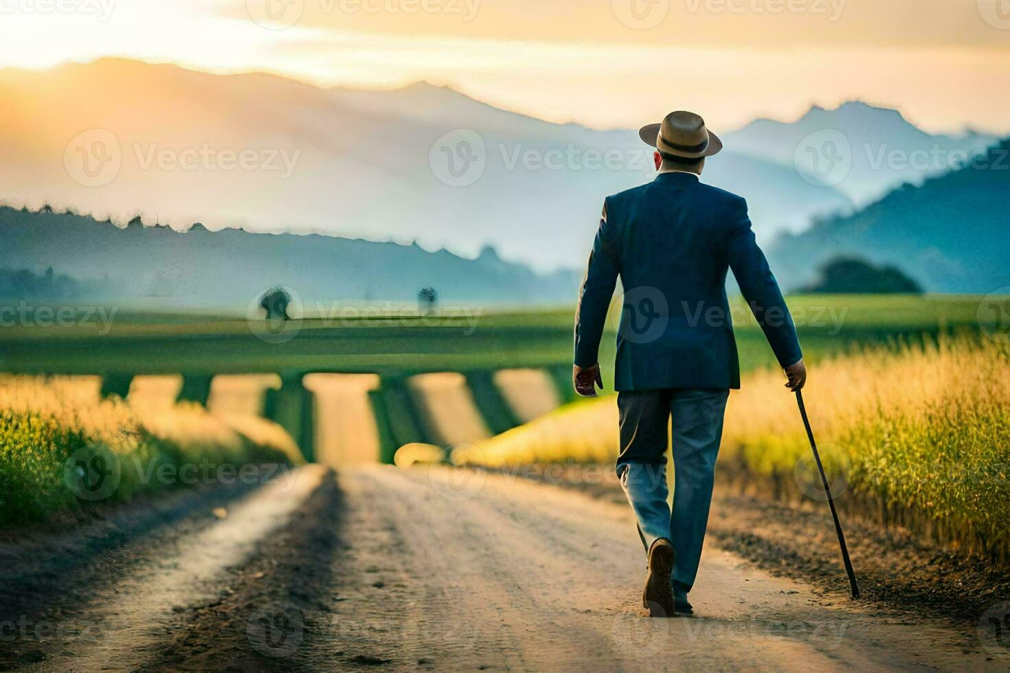 a man in a suit walks down a dirt road with a cane. AI-Generated photo