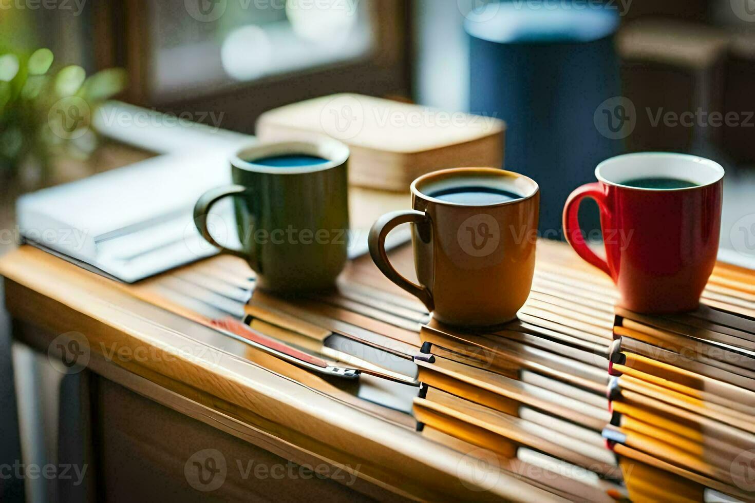 Tres café tazas en un de madera mesa. generado por ai foto