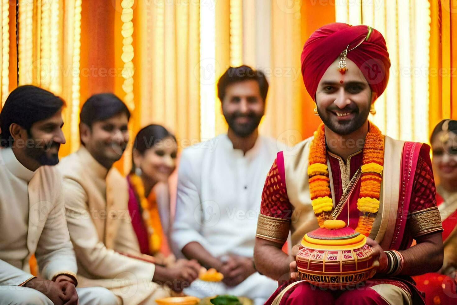 the groom is dressed in a red turban and holding a red pot. AI-Generated photo