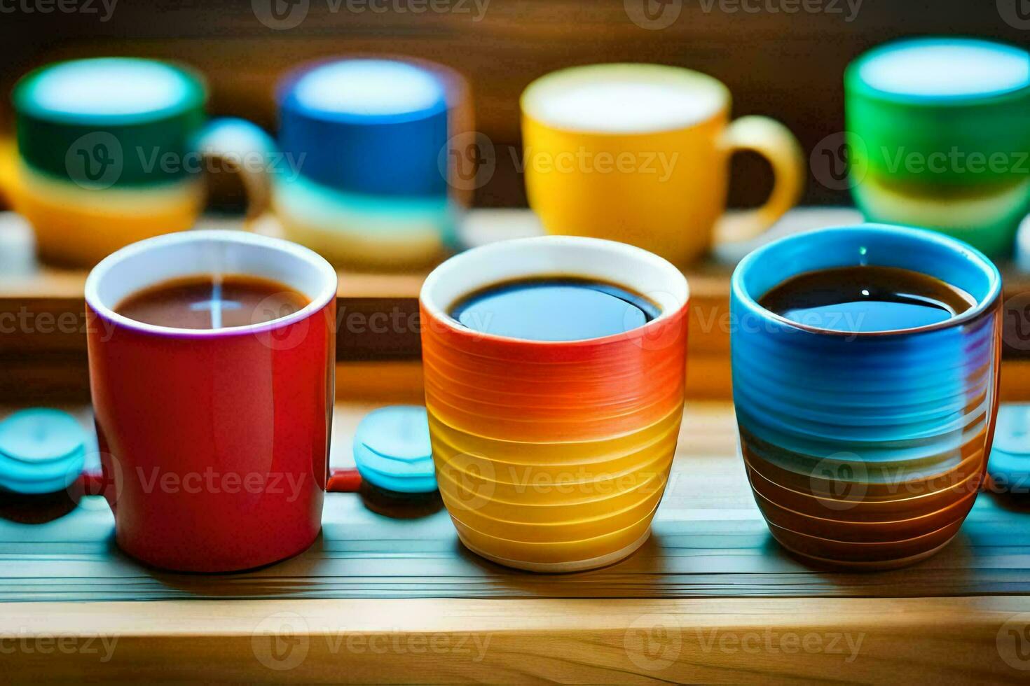 a row of colorful coffee cups on a wooden tray. AI-Generated photo