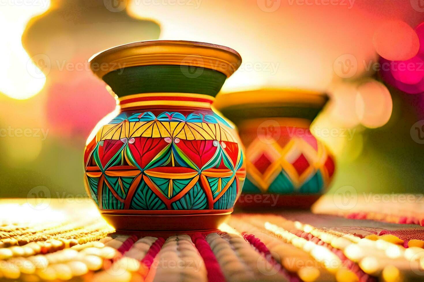colorful vases on a wooden table. AI-Generated photo