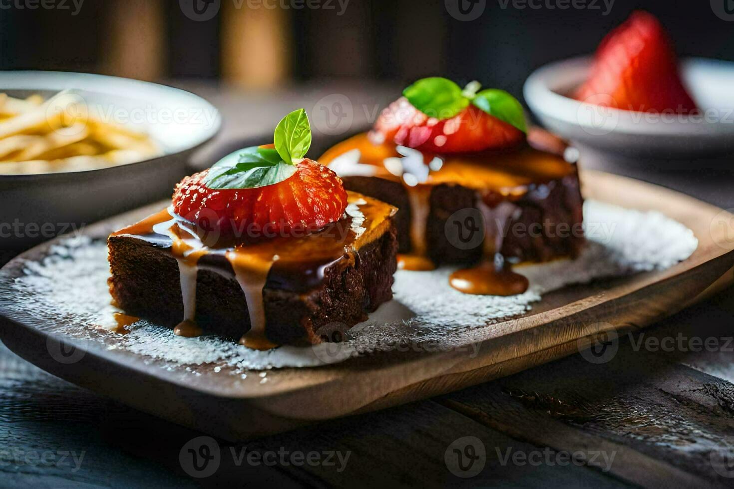 two pieces of chocolate cake with strawberries on top. AI-Generated photo