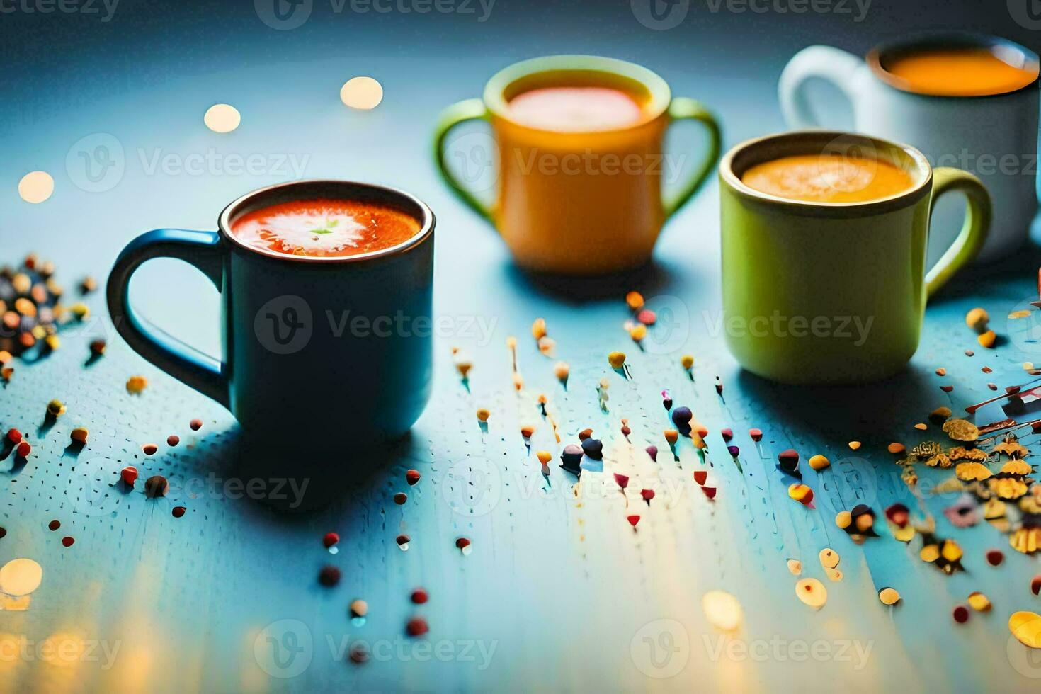 Tres vistoso tazas de café en un mesa. generado por ai foto