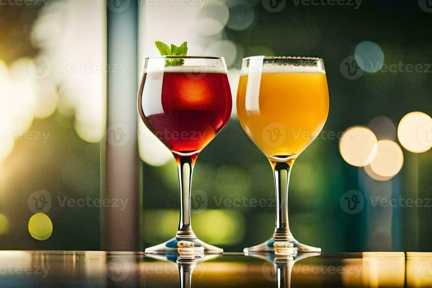 two glasses of different colored drinks on a table. AI-Generated photo