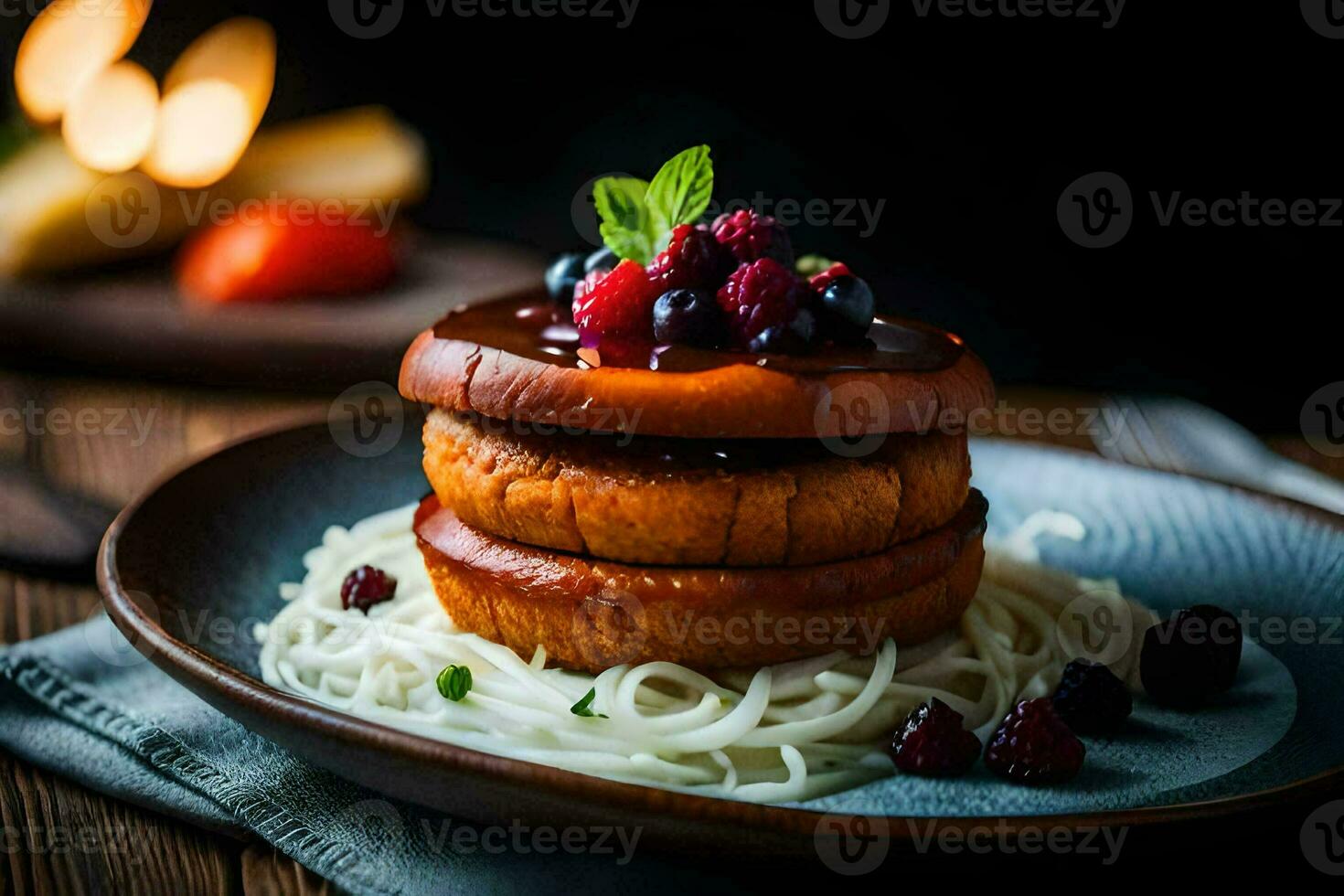 a stack of pancakes with berries and cheese. AI-Generated photo