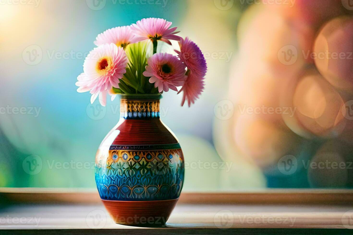 a colorful vase with pink flowers sitting on a table. AI-Generated photo