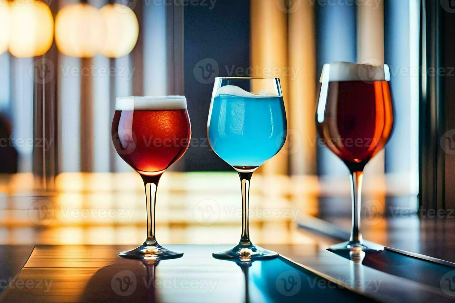 three glasses of different colored drinks on a table. AI-Generated photo
