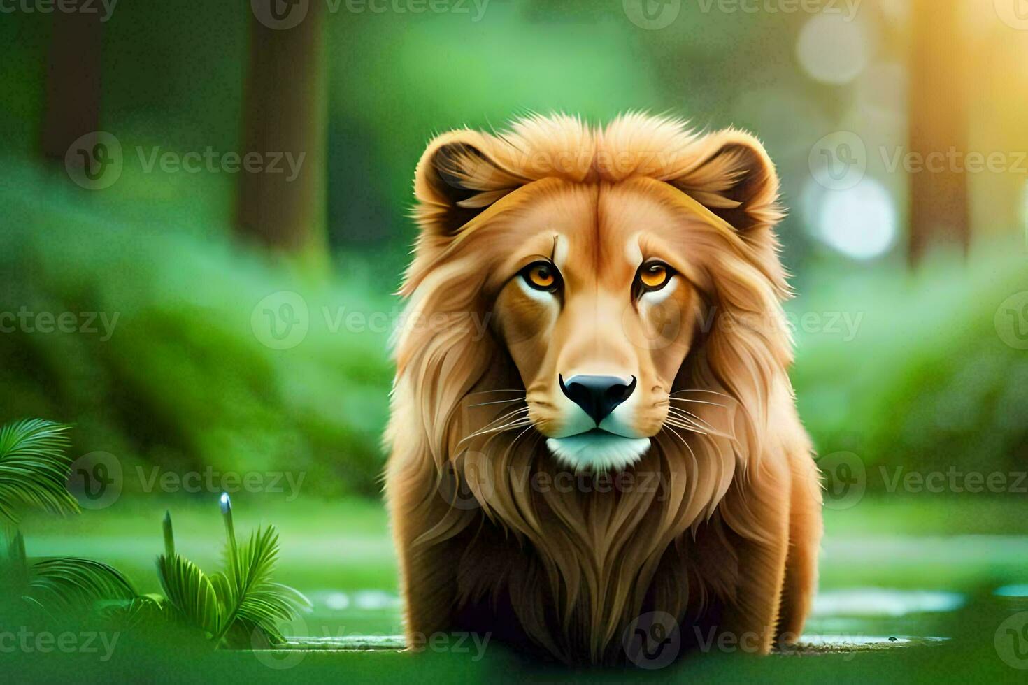 a lion in the forest, with green grass and trees. AI-Generated photo