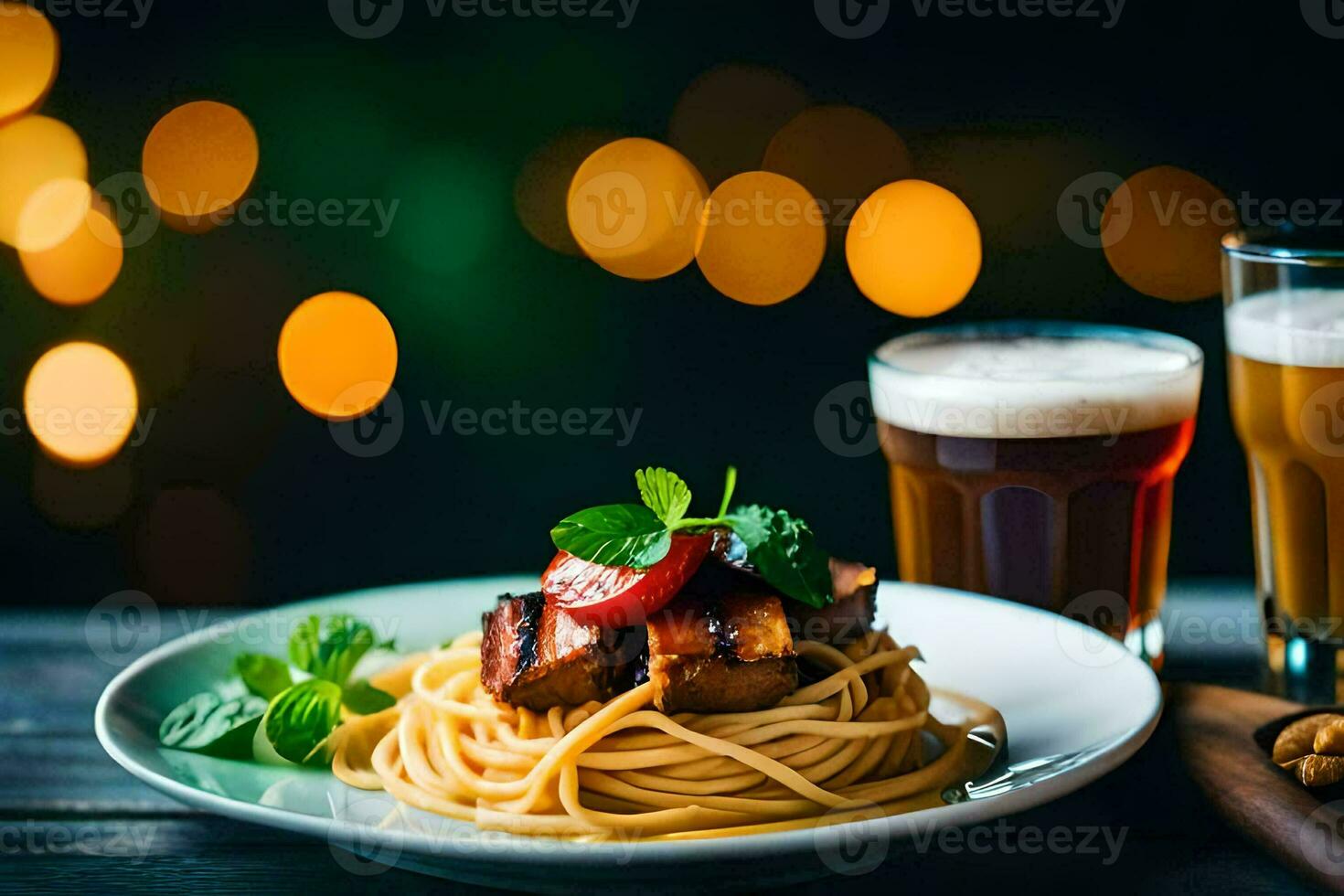 spaghetti with meat and vegetables on a plate with beer and a glass of wine. AI-Generated photo