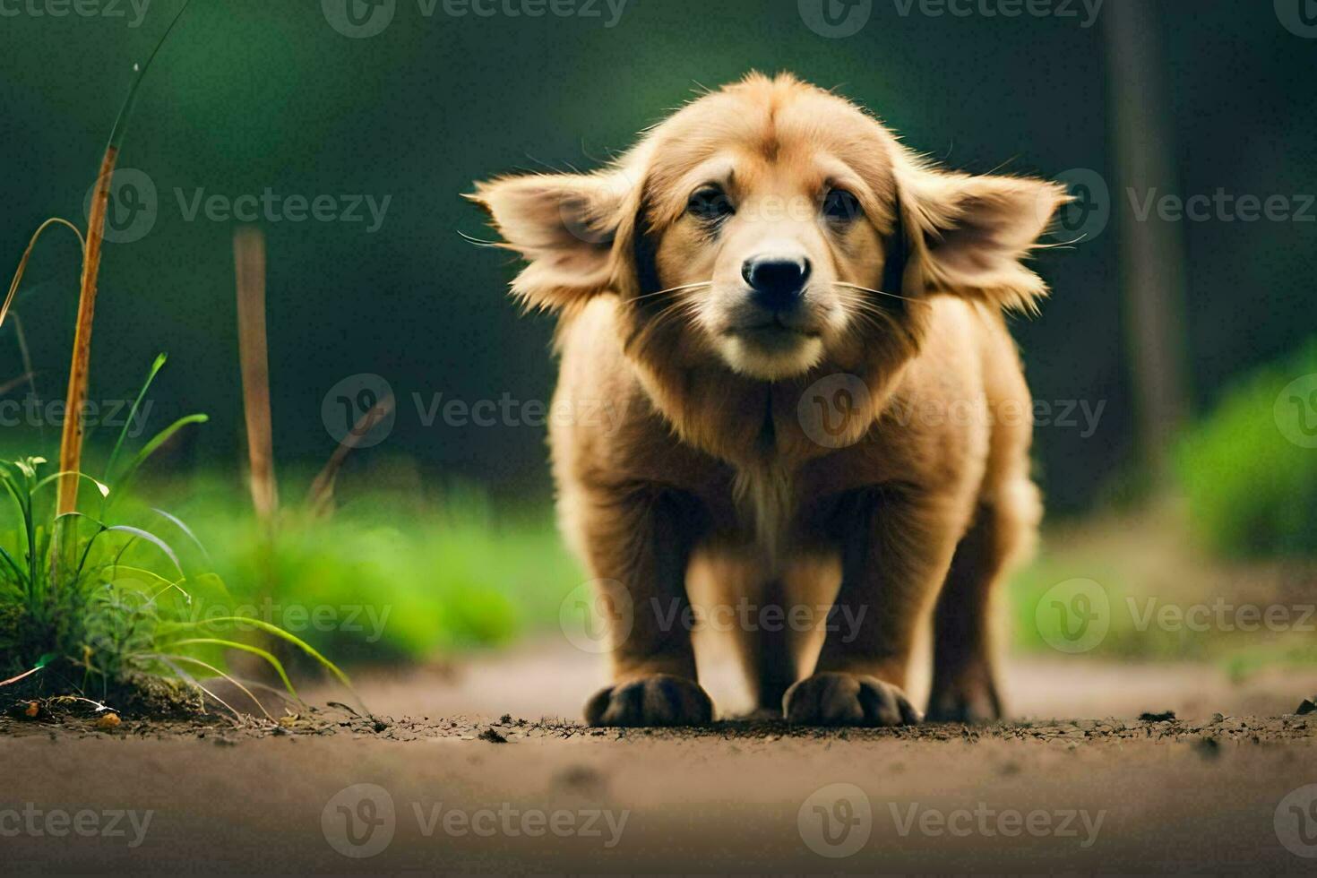 un dorado perdiguero perrito es caminando en un suciedad la carretera. generado por ai foto