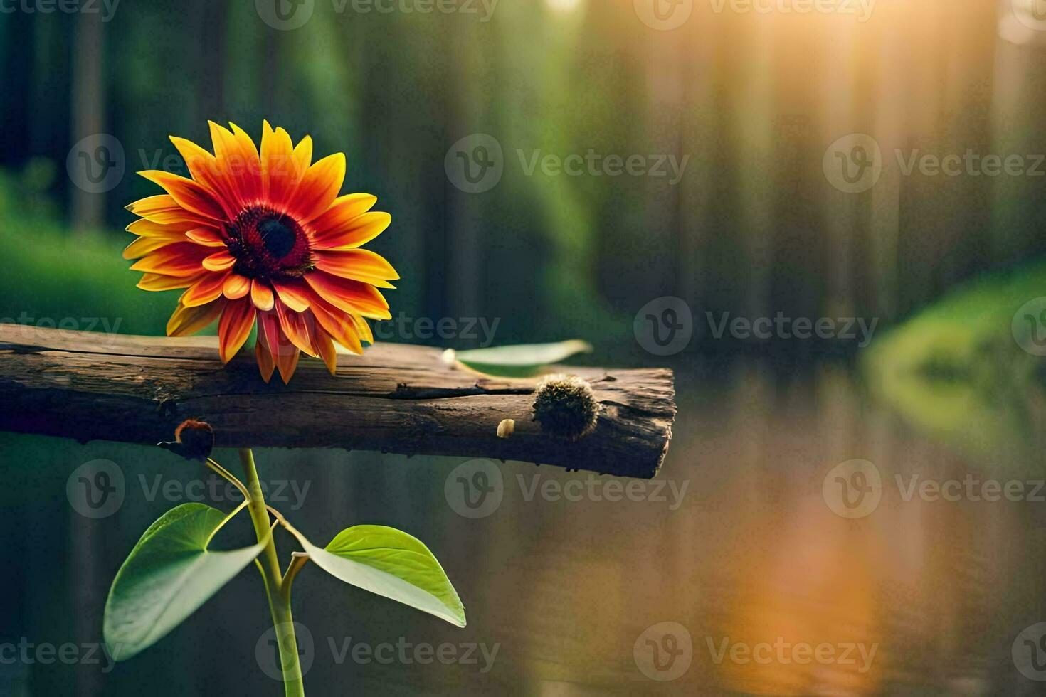 a single sunflower is sitting on a branch over a river. AI-Generated photo