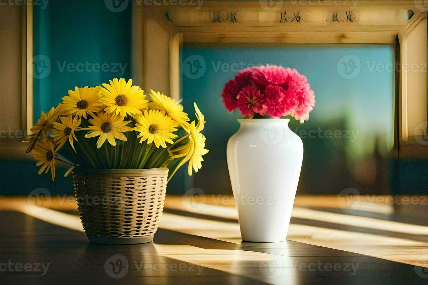 two vases with flowers sitting on a wooden table. AI-Generated photo
