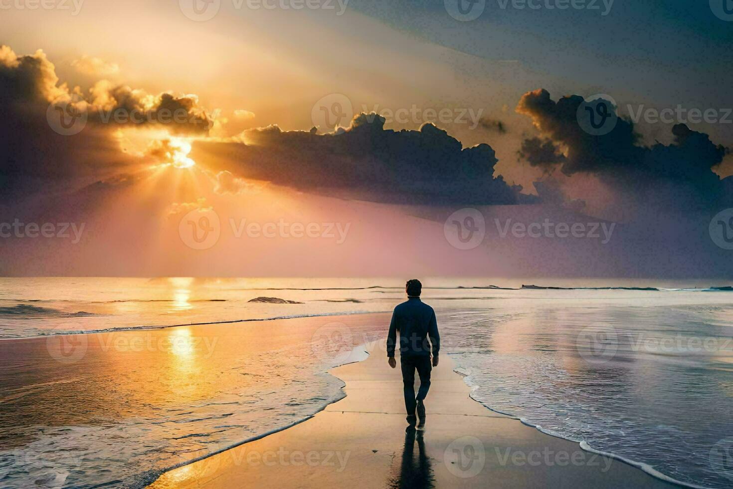 a man walking on the beach at sunset. AI-Generated photo