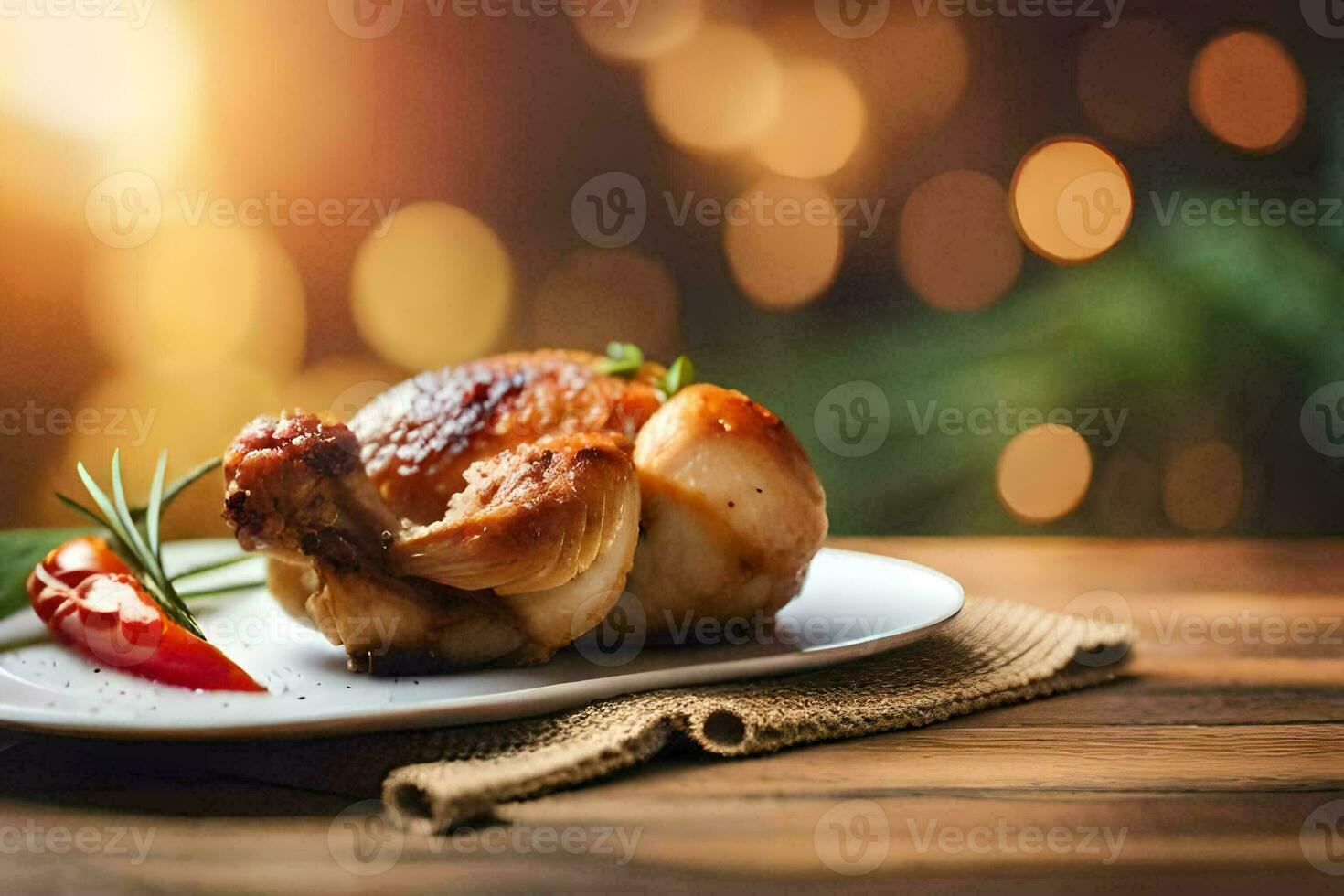 a roasted chicken on a plate with a red pepper. AI-Generated photo