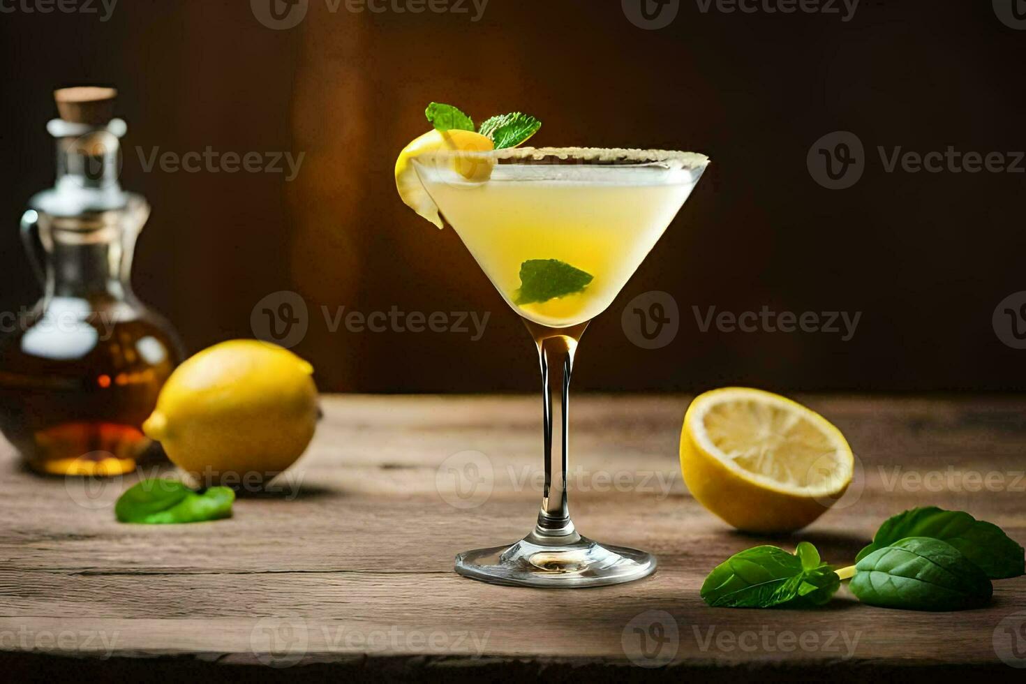 a cocktail with lemon and mint leaves on a wooden table. AI-Generated photo