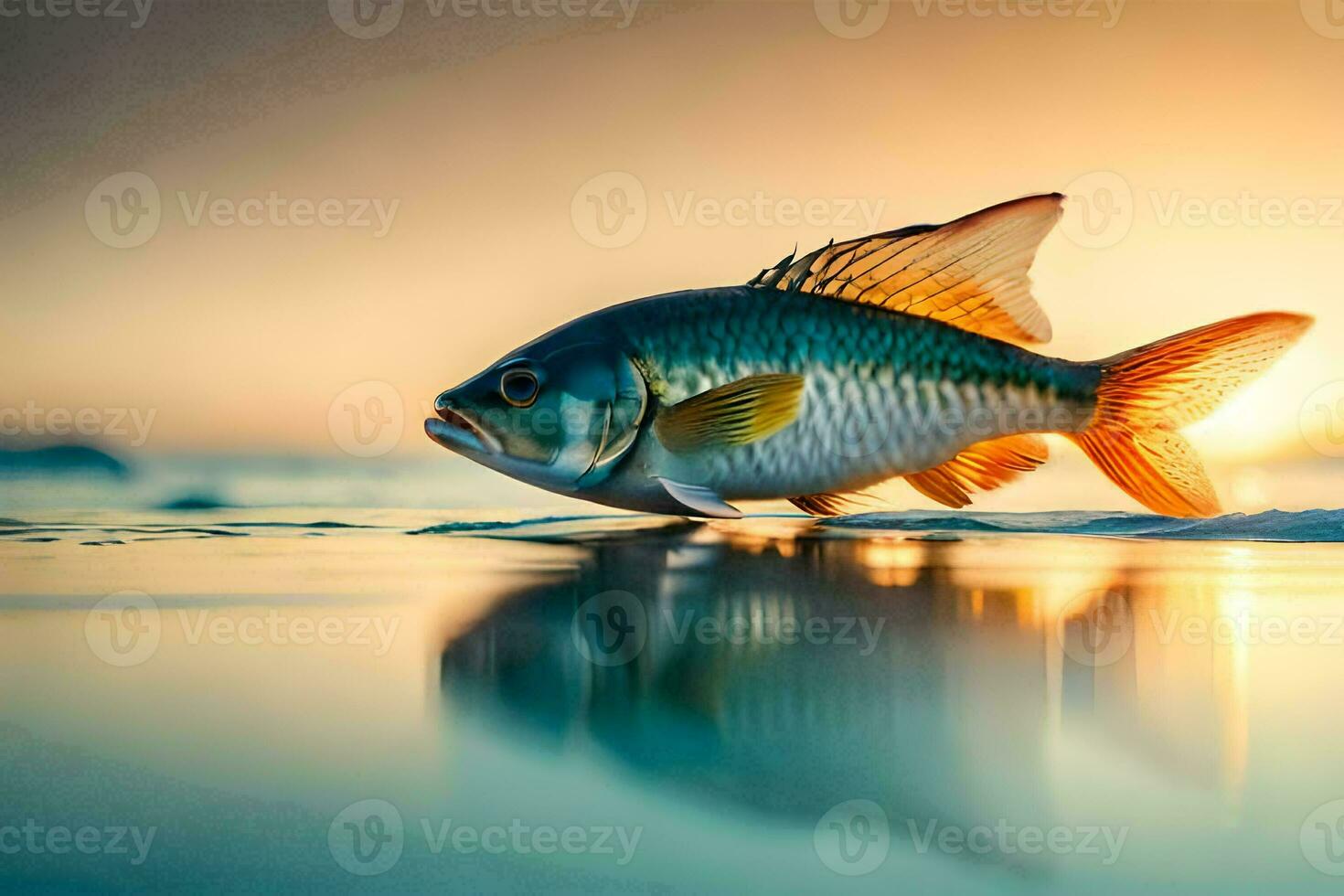 un pescado es en pie en el playa a puesta de sol. generado por ai foto