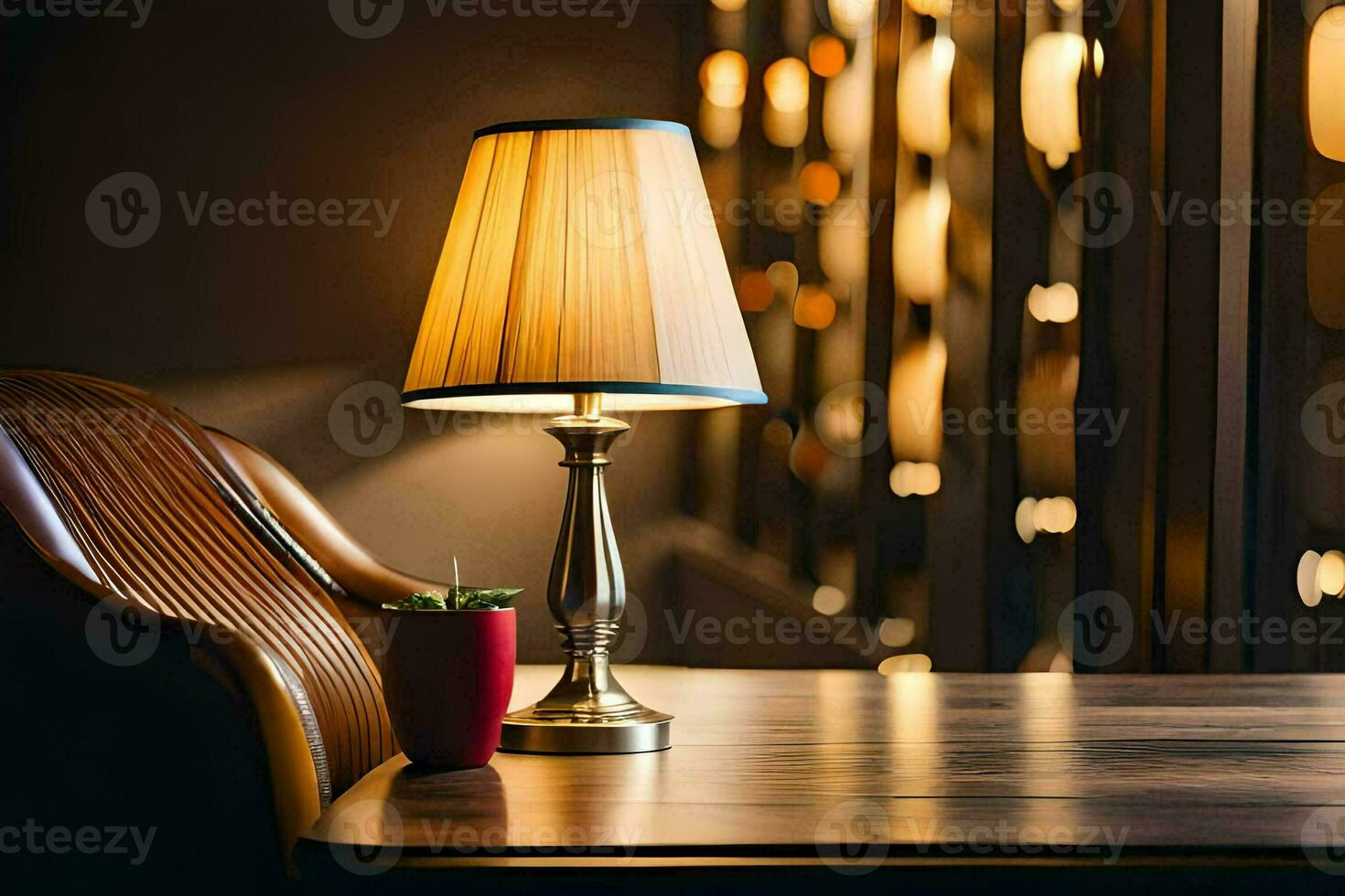 a lamp on a table in a restaurant. AI-Generated photo