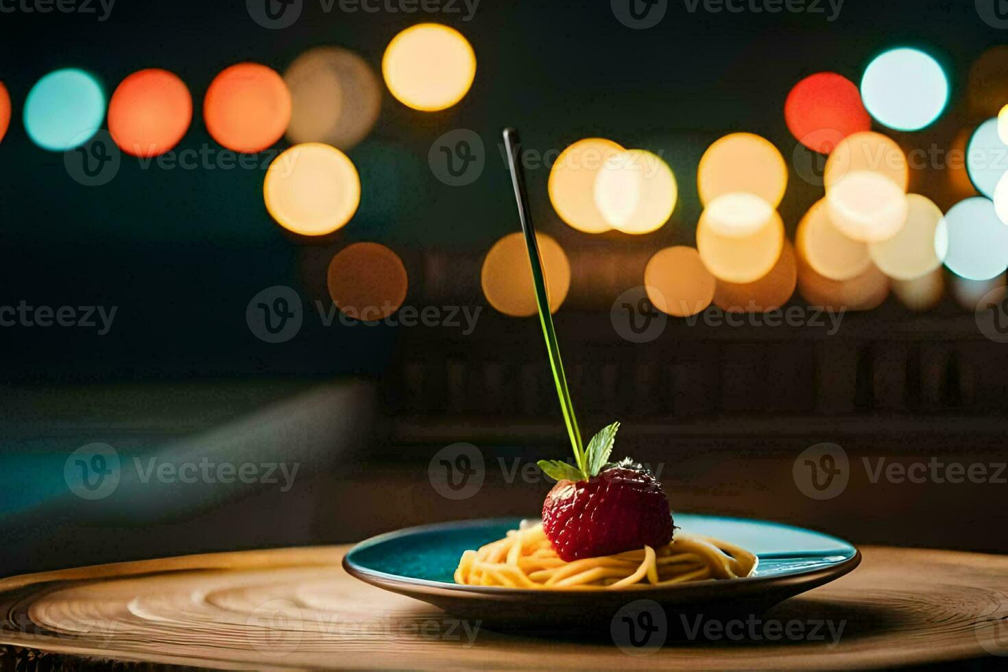 un plato con espaguetis y un fresa en él. generado por ai foto