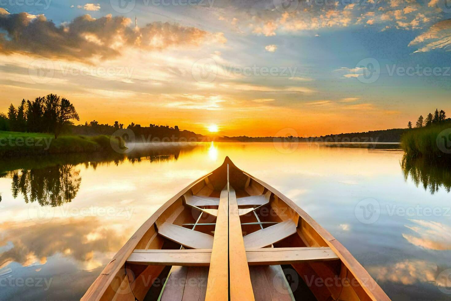 a canoe is floating on the water at sunset. AI-Generated photo