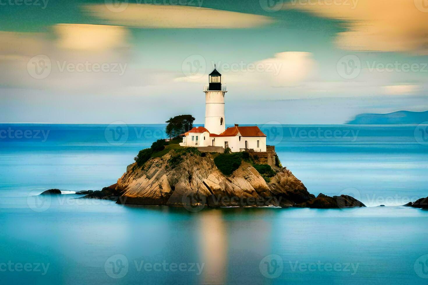 a lighthouse sits on an island in the ocean. AI-Generated photo