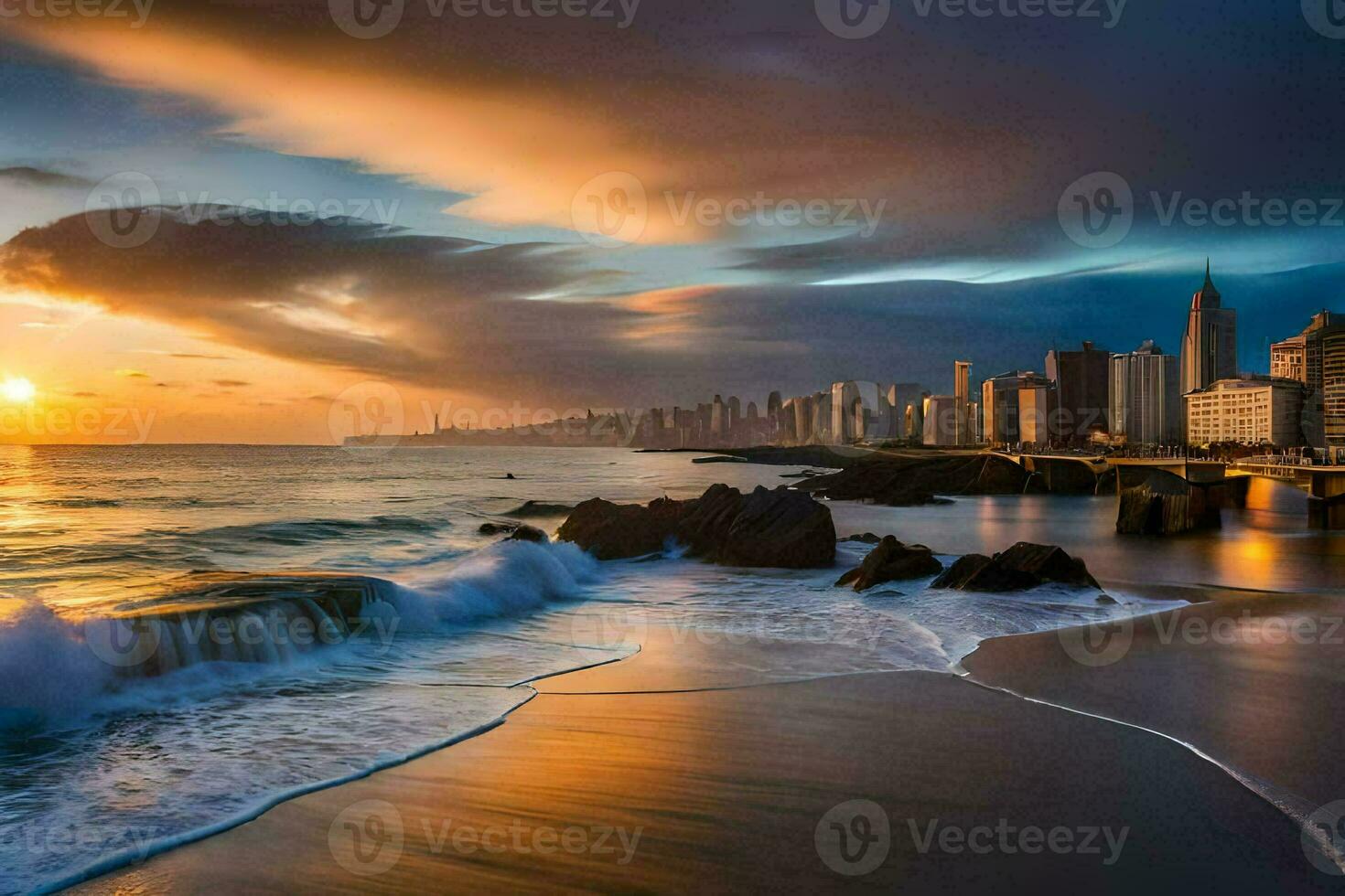 el puesta de sol terminado el ciudad de santos, Brasil. generado por ai foto