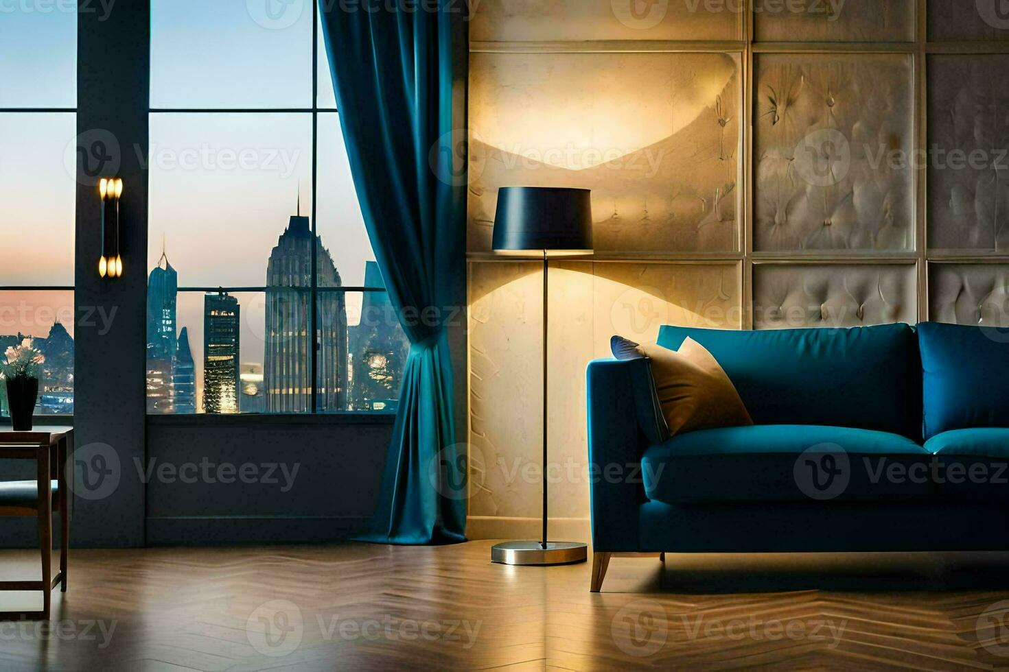 a blue couch and chair in front of a window with a city view. AI-Generated photo