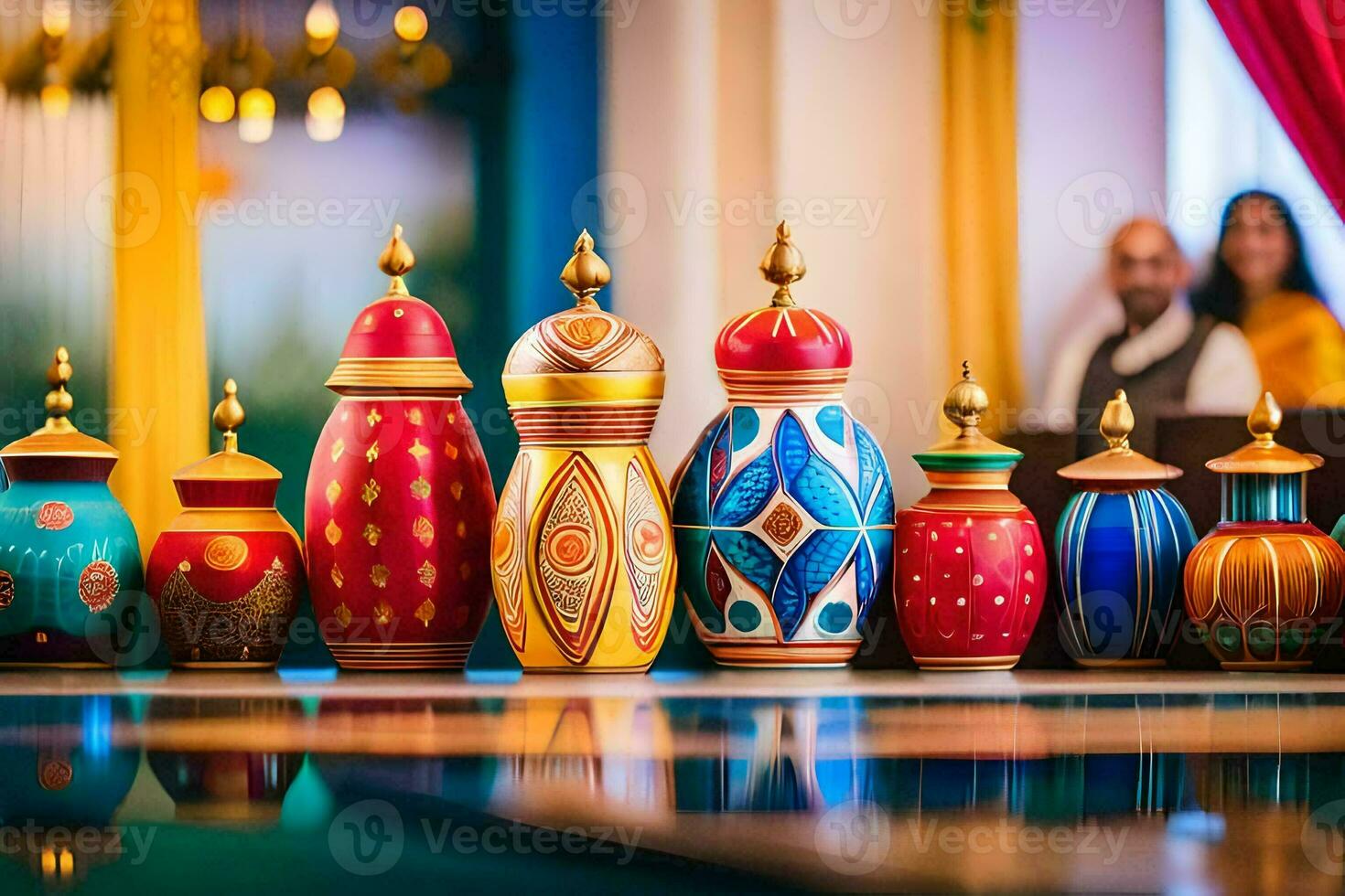 colorful vases lined up on a table. AI-Generated photo