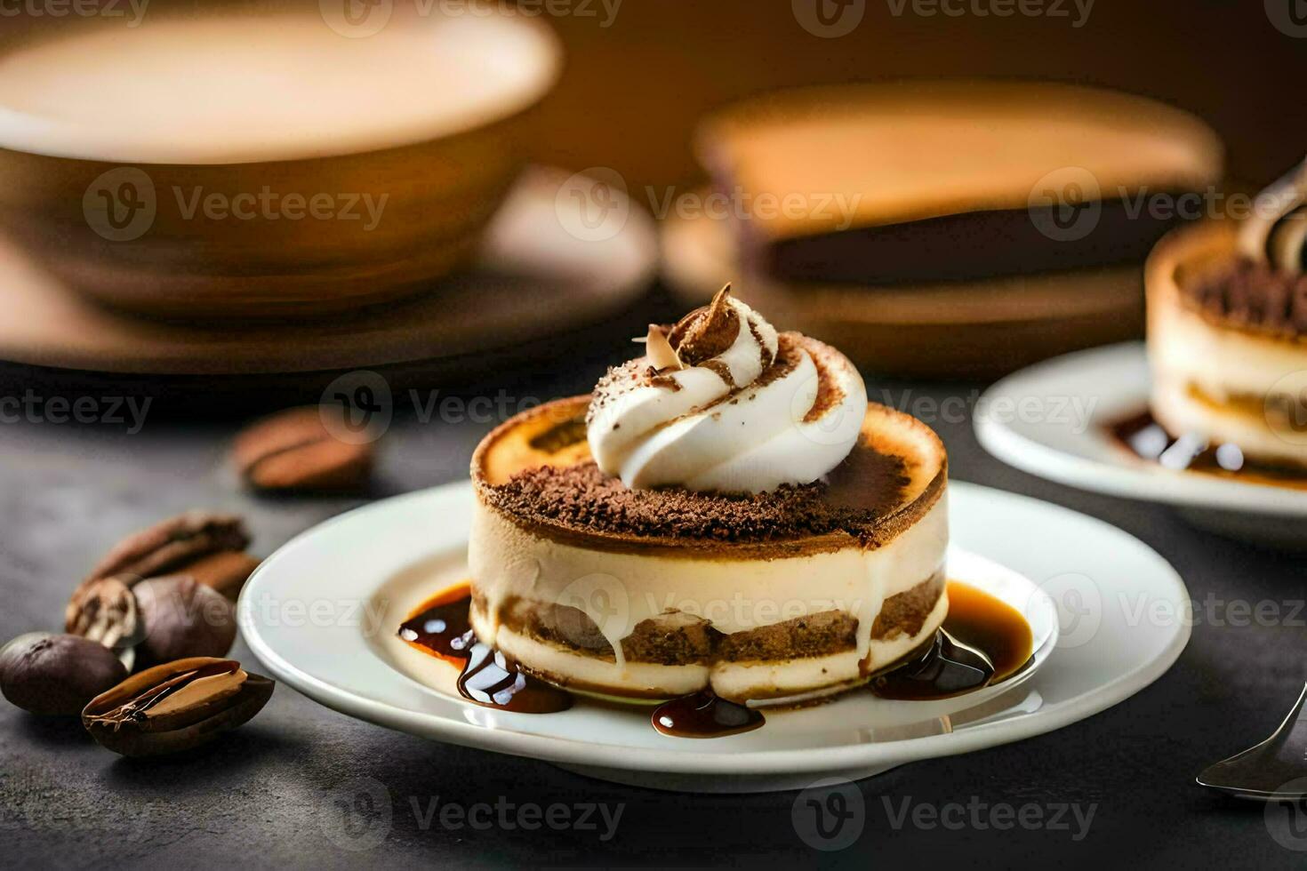 two desserts on plates with coffee beans and chocolate. AI-Generated photo
