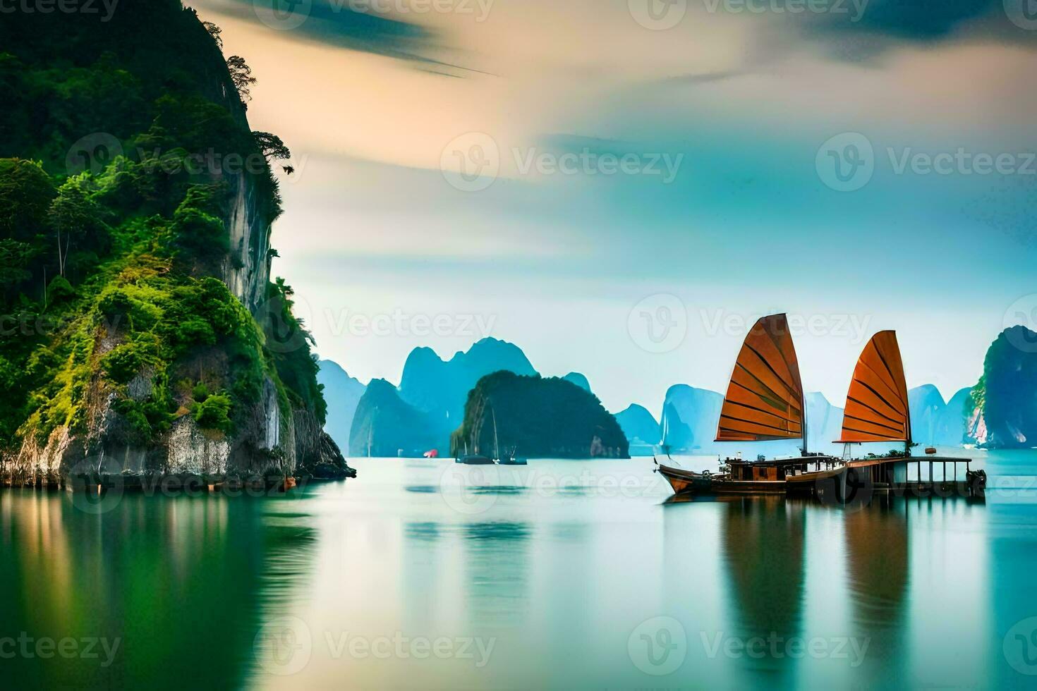 dos barcos en el agua cerca montañas. generado por ai foto