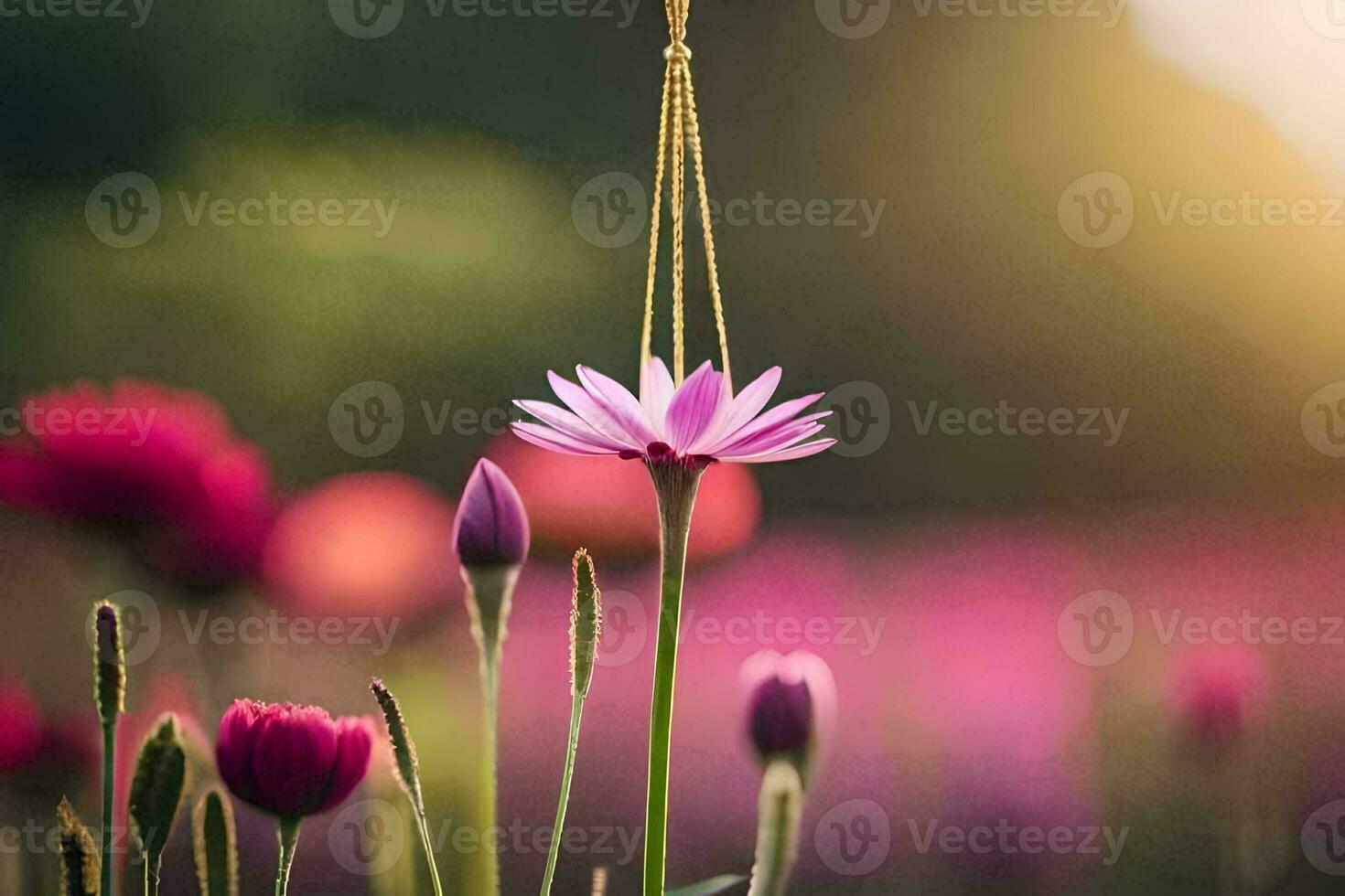 a pink flower hanging from a chain in a field. AI-Generated photo