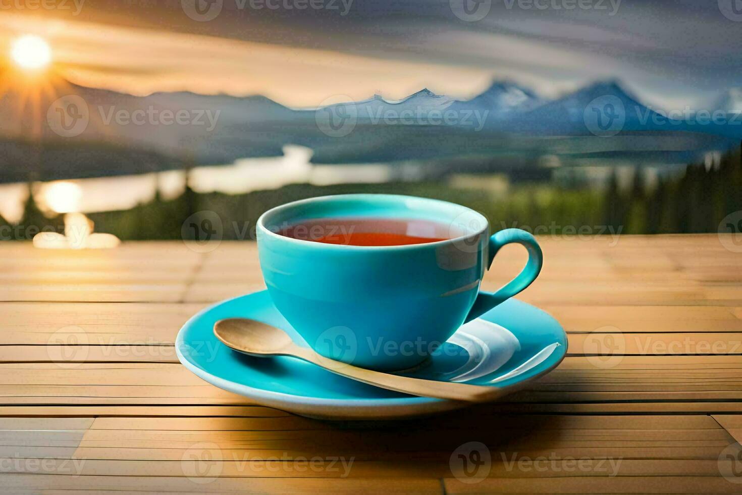 un taza de té en un de madera mesa con montañas en el antecedentes. generado por ai foto