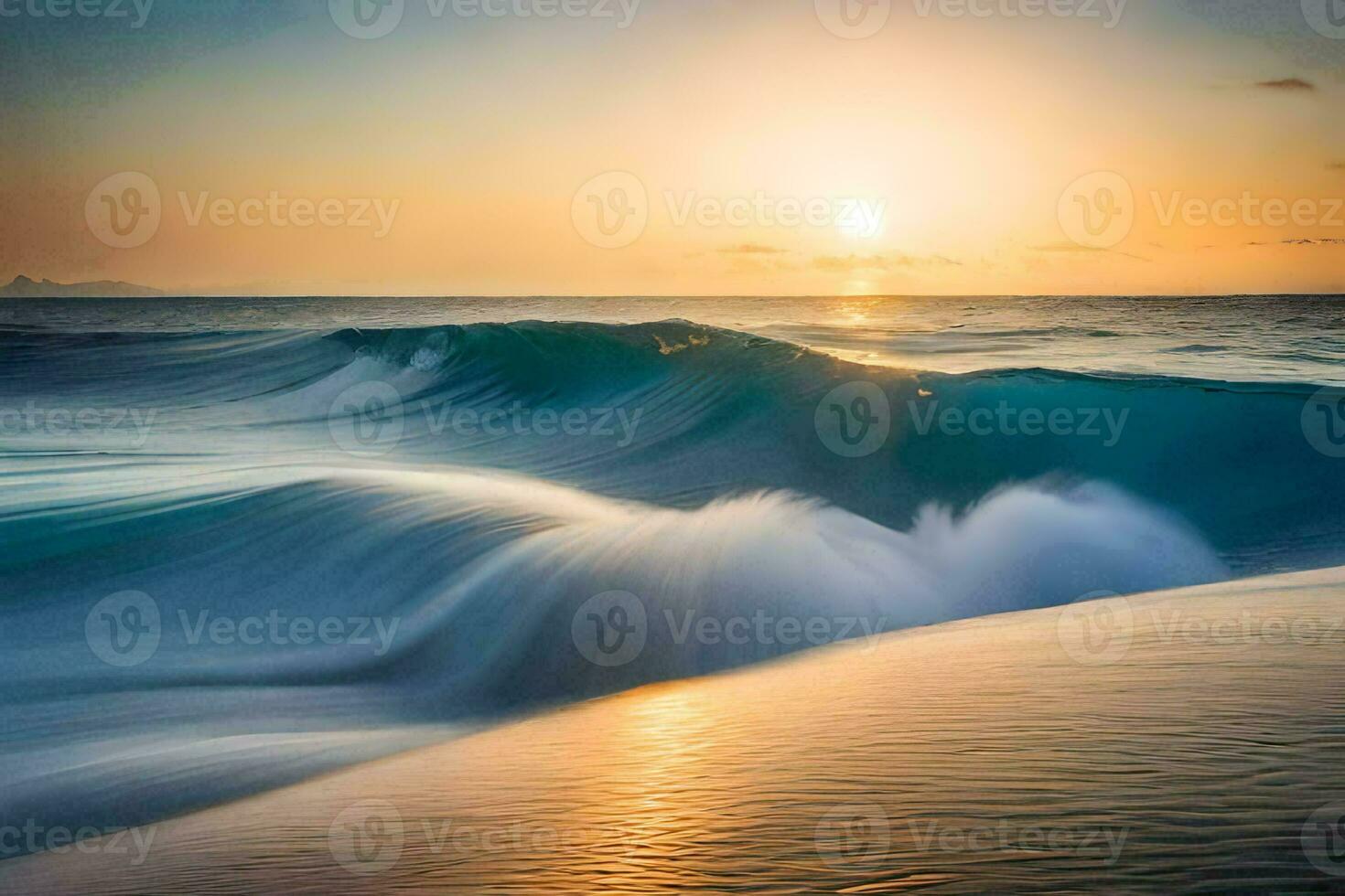the sun sets over the ocean as waves crash into the shore. AI-Generated photo