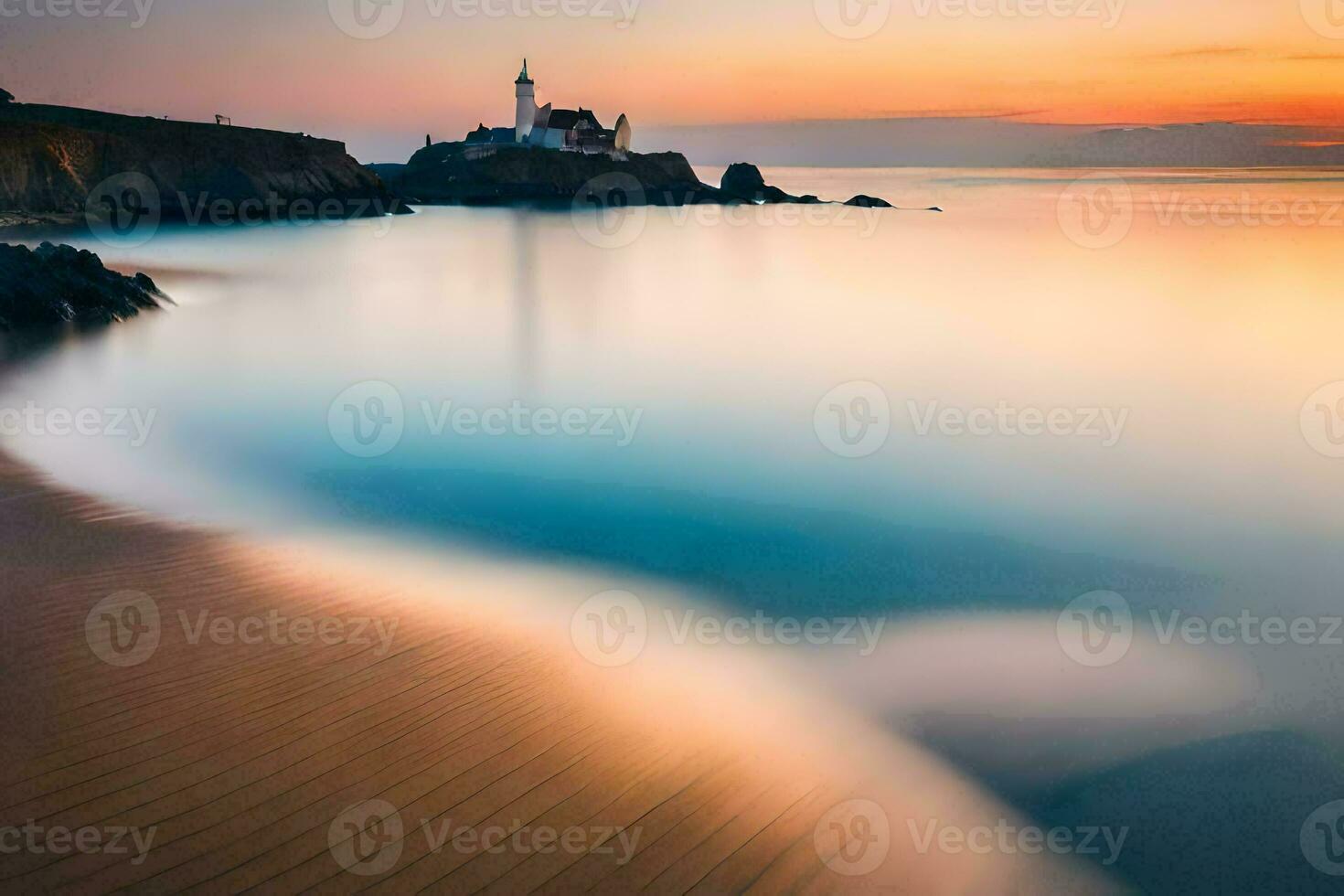 a long exposure photograph of a lighthouse on the beach. AI-Generated photo