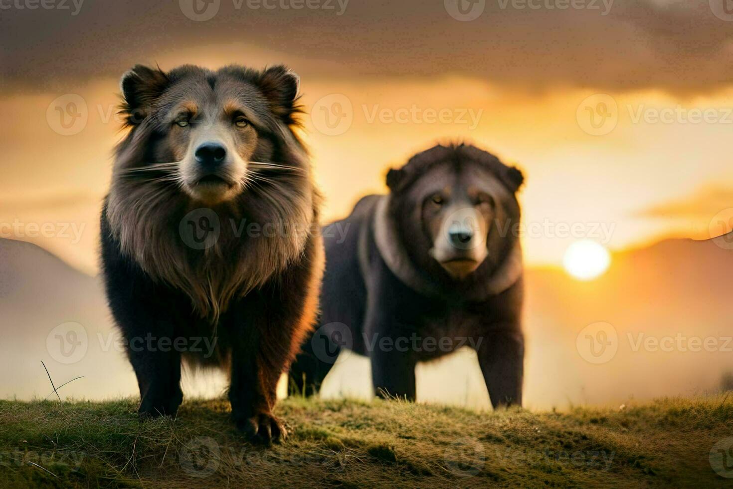 dos leones en pie en el césped a puesta de sol. generado por ai foto