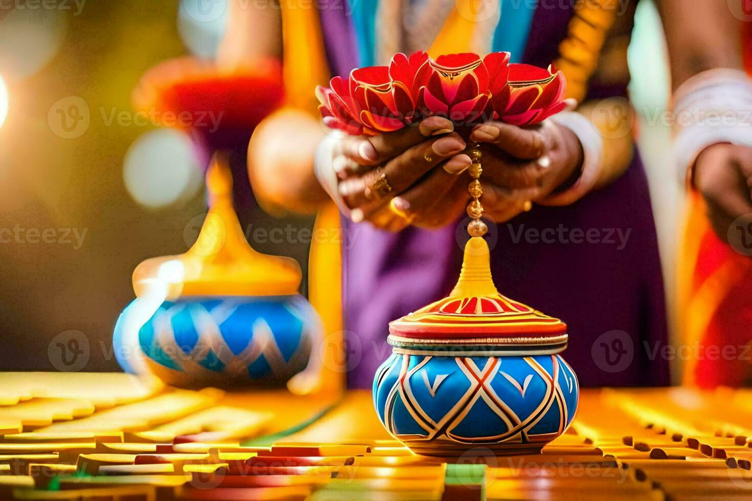 a woman is holding a colorful pot with flowers. AI-Generated photo