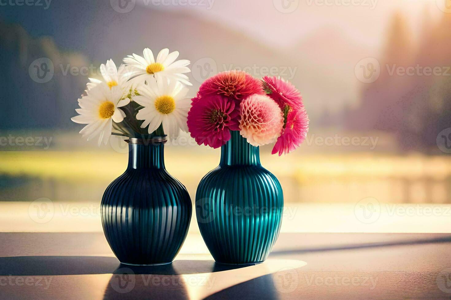 two vases with flowers on a table in front of a lake. AI-Generated photo