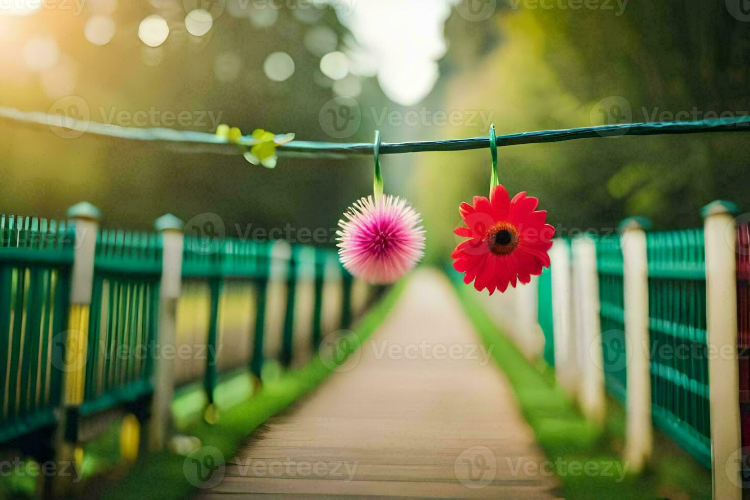 two flowers hanging from a wire on a wooden path. AI-Generated photo