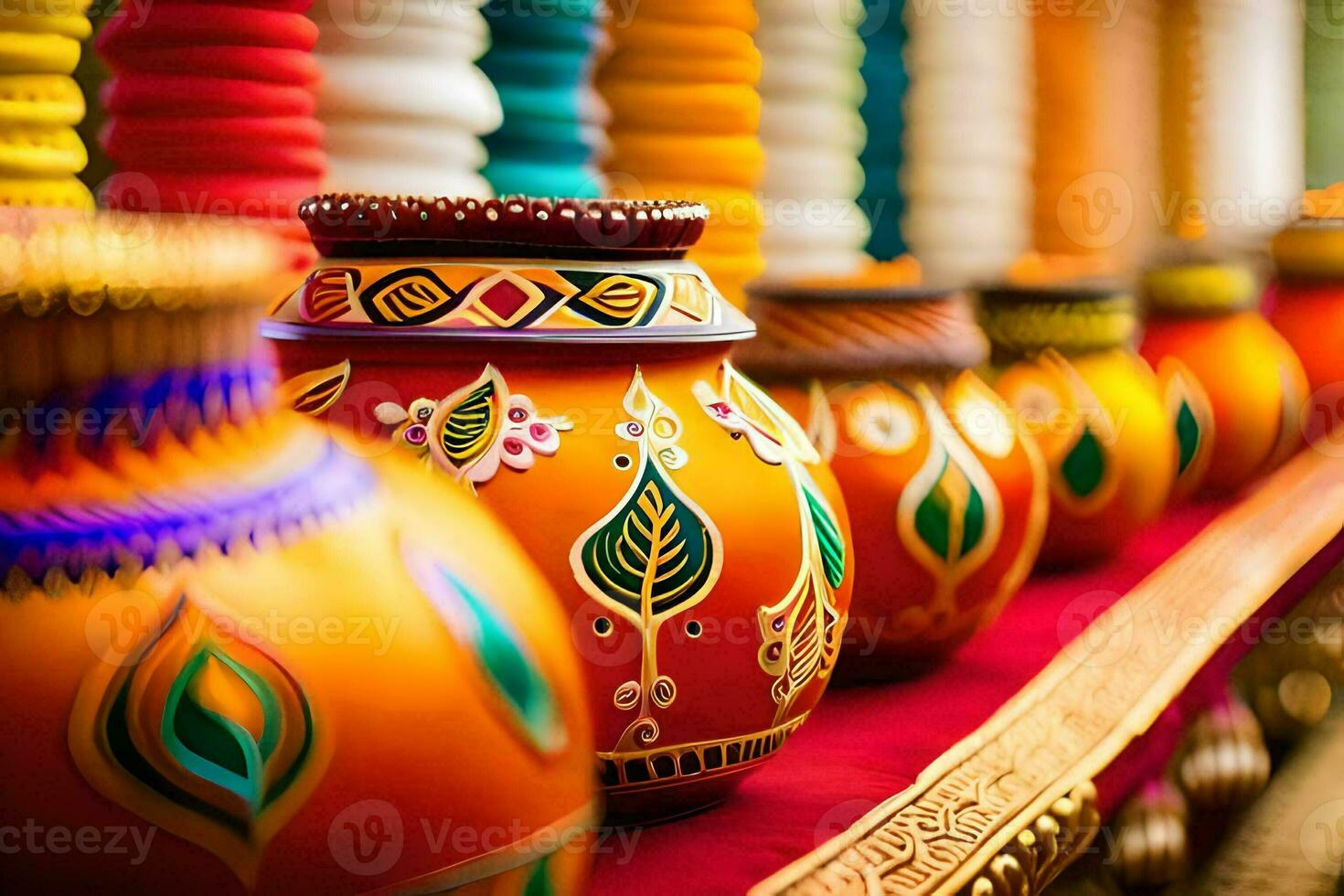 colorful vases are lined up on a table. AI-Generated photo