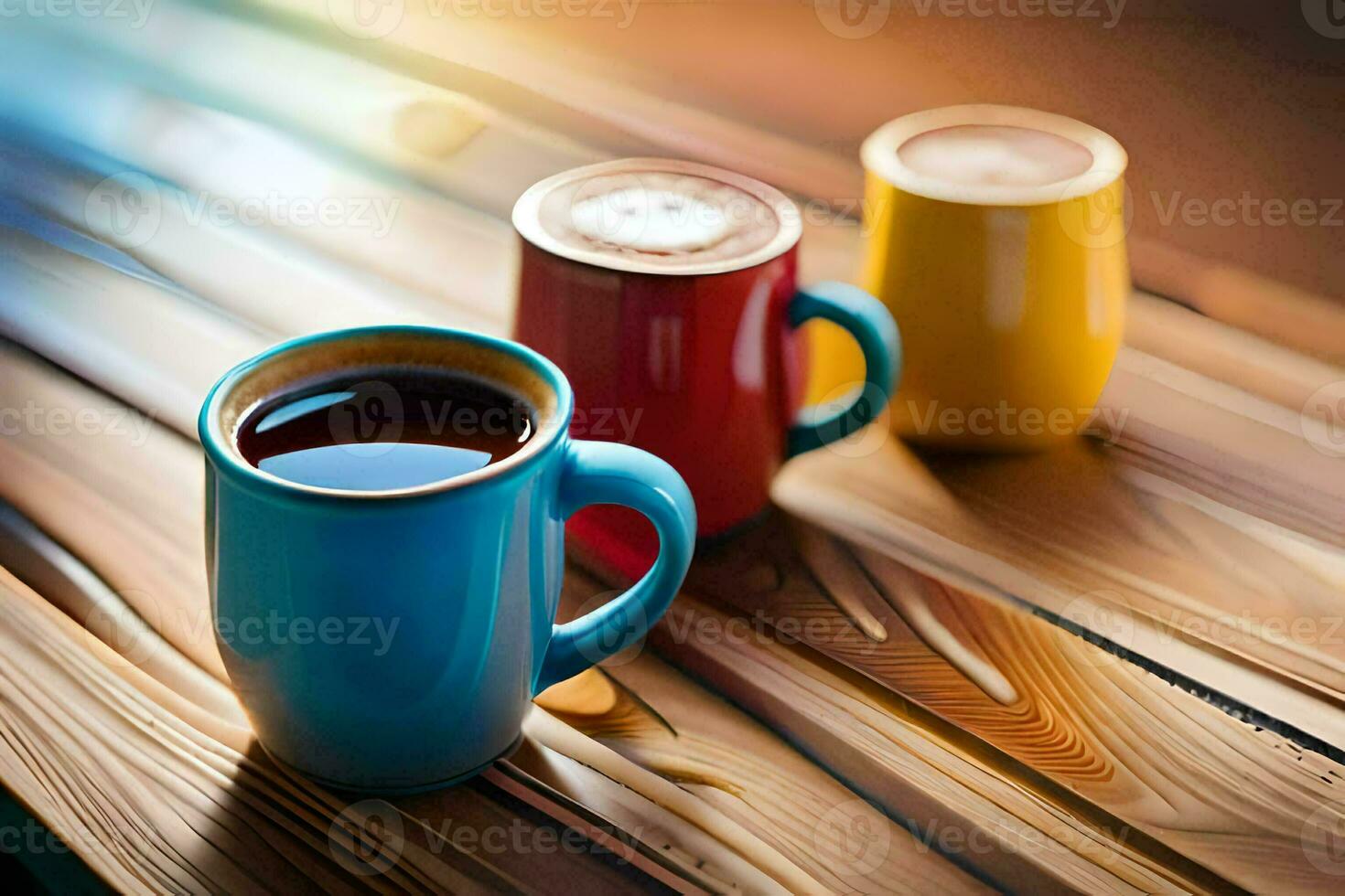 three colorful coffee cups sit on a wooden table. AI-Generated photo