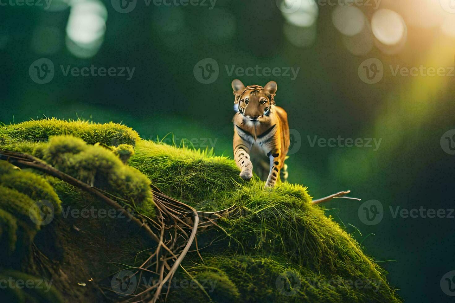 a leopard walking on top of a moss covered hill. AI-Generated photo