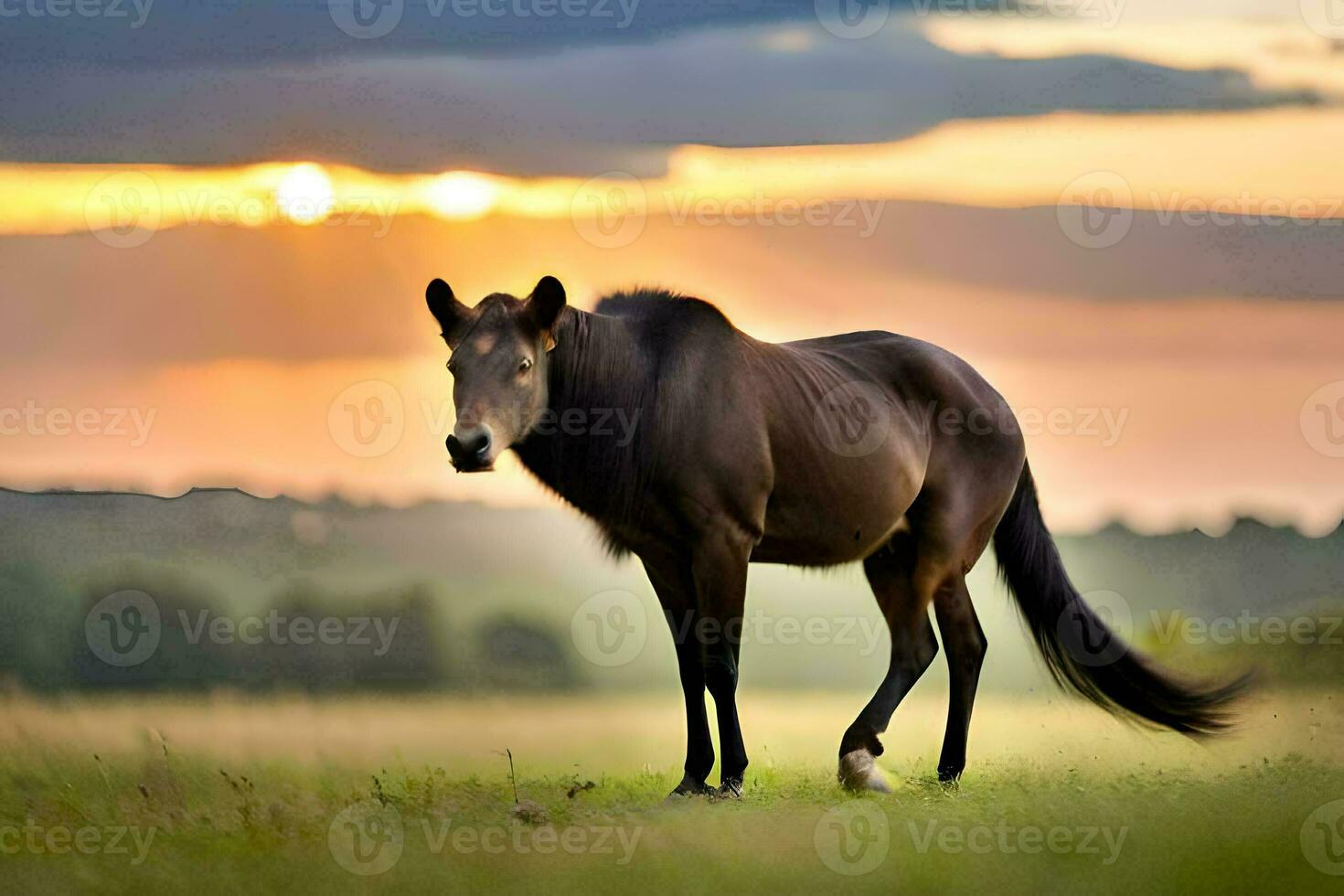 a horse is standing in the middle of a field. AI-Generated photo