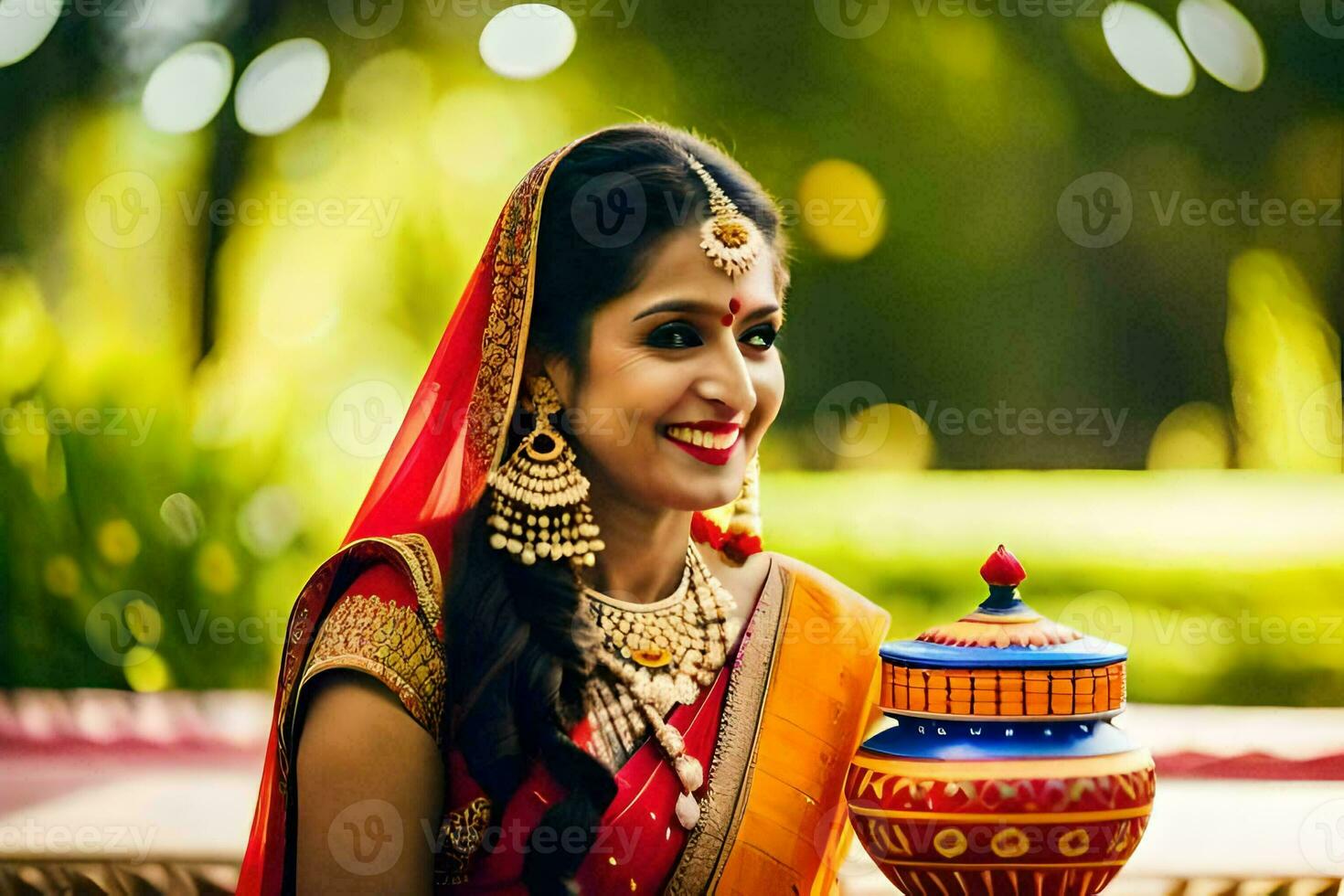 a beautiful indian bride in traditional attire holding a pot. AI-Generated photo