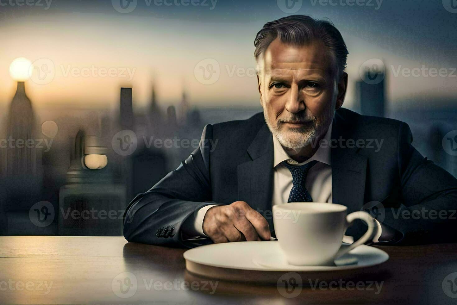 a man in a suit sits at a table with a cup of coffee. AI-Generated photo