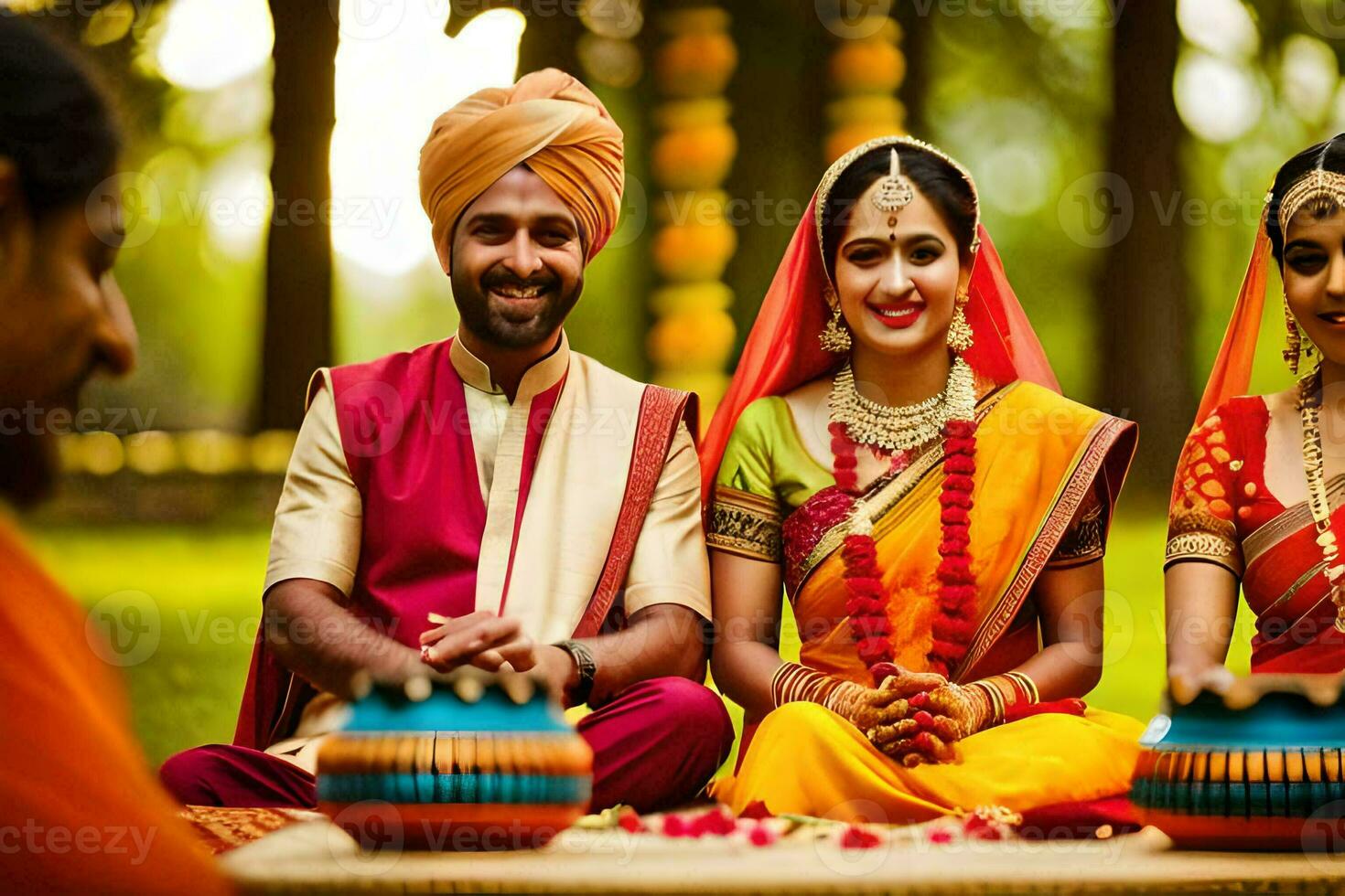 indian wedding couple sitting on the ground with their family. AI-Generated photo