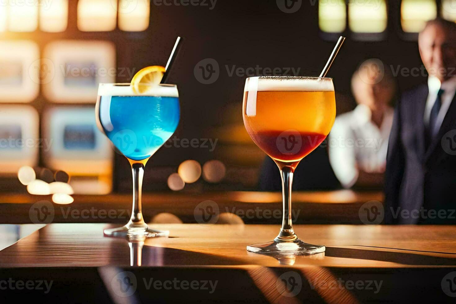 two glasses of cocktails on a bar. AI-Generated photo