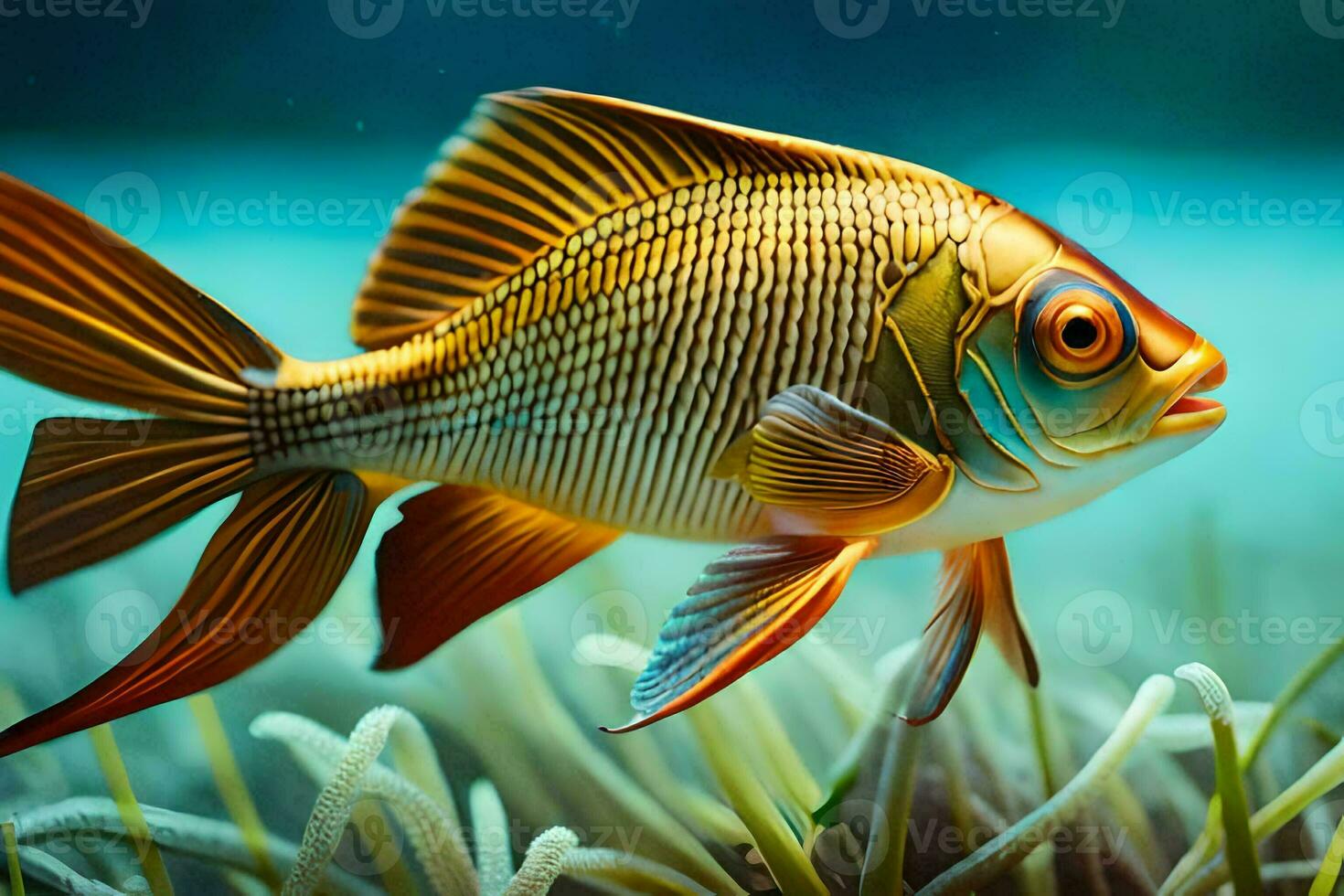 a fish swimming in the ocean with seaweed. AI-Generated photo