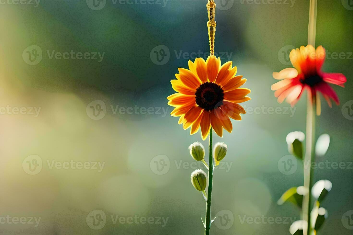 two sunflowers are hanging from a string. AI-Generated photo